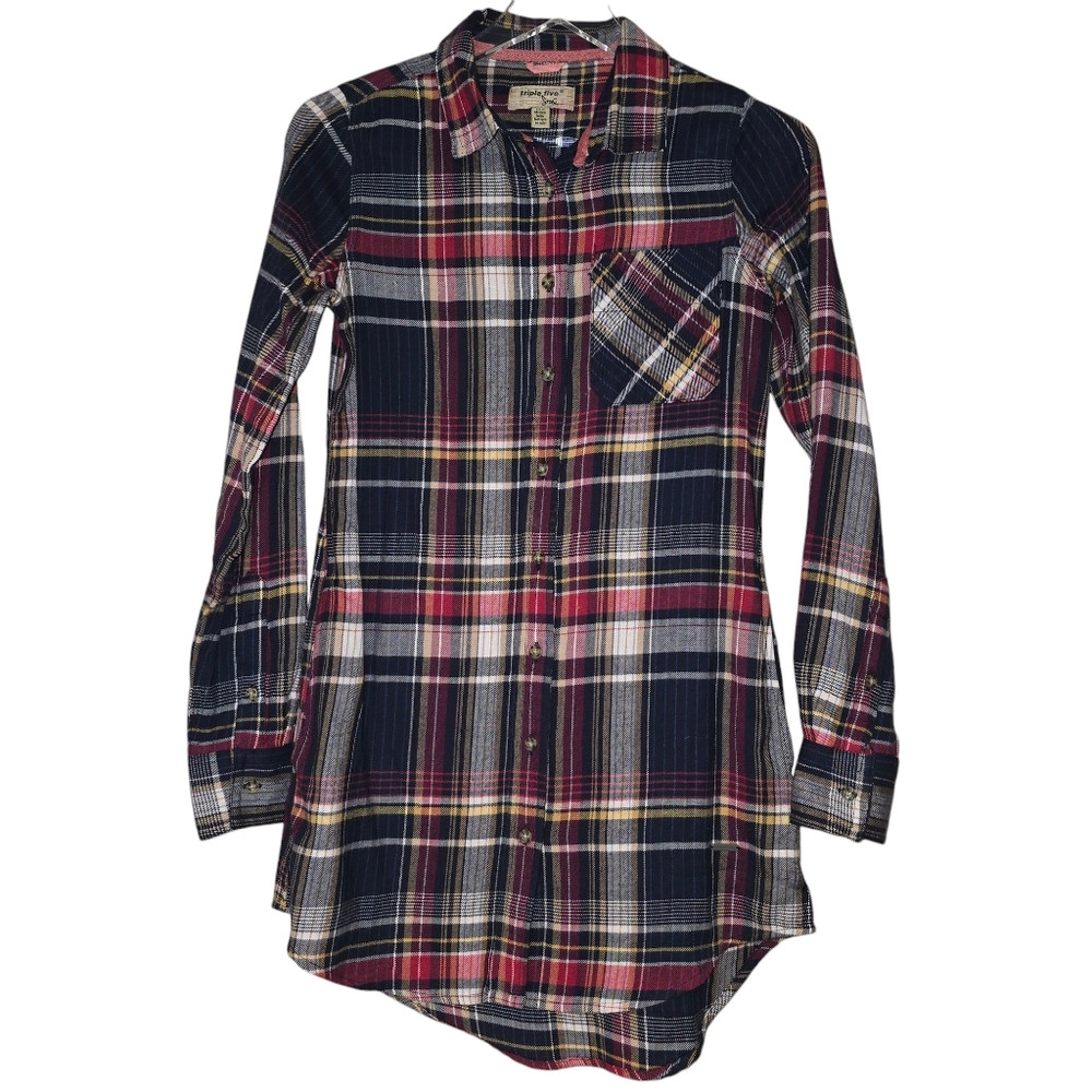 NEW! • TRIPLE FiVE SOUL • Plaid Extra Long Button Shirt With Pockets • SZ - XS